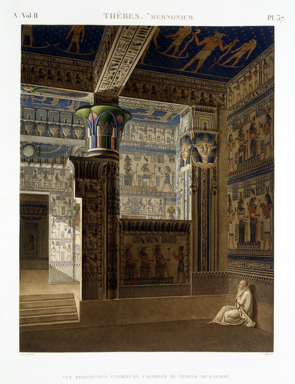मेमोरियम, थेब्स के पश्चिम मंदिर का आंतरिक दृश्य, अल्लाइस, 1822 (एक्वाटिंट) द्वारा उकेरा गया &39;मिस्र का वर्णन&39; के खंड II से प्लेट 37 द्वारा ले पेरे