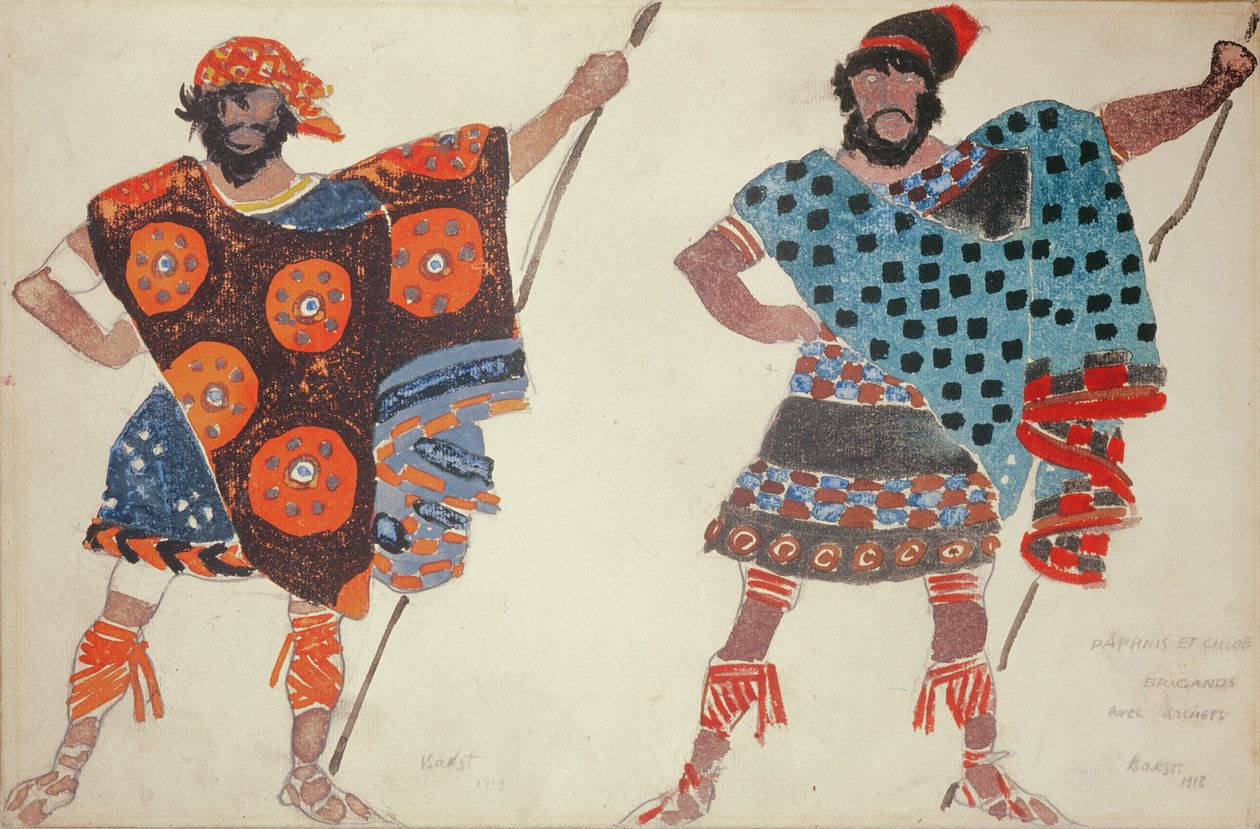 डैफ़नी और क्लो के लिए समुद्री डाकू पोशाक डिजाइन, 1913 (बोर्ड पर जल रंग) द्वारा लियोन बक्स्तो