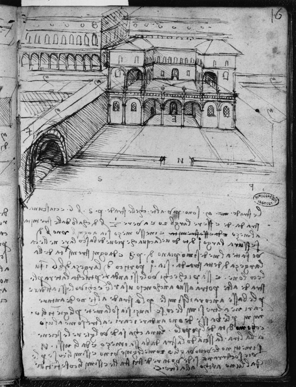 एक &39;आदर्श शहर&39; के लिए वास्तुकला स्केच, फॉल। पेरिस पांडुलिपि बी, 1488-90 से 16 (रेक्टो) (कागज पर कलम और स्याही) द्वारा लियोनार्डो दा विंची
