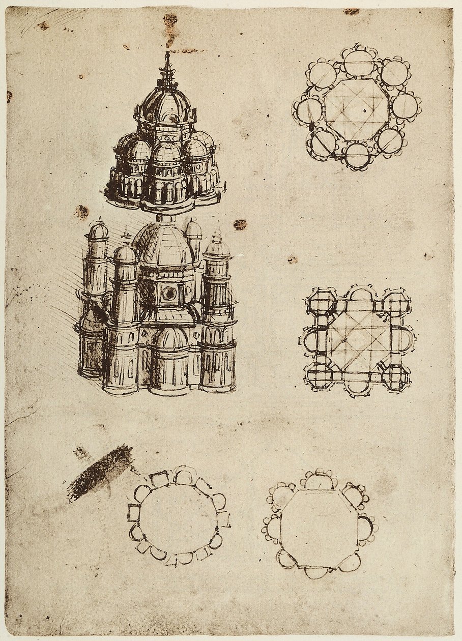 लियोनार्डो दा विंसी, कोडेक्स बी (2173) का हिस्सा, c.25v द्वारा चित्रित, केंद्र द्वारा नियोजित भवन द्वारा लियोनार्डो दा विंची