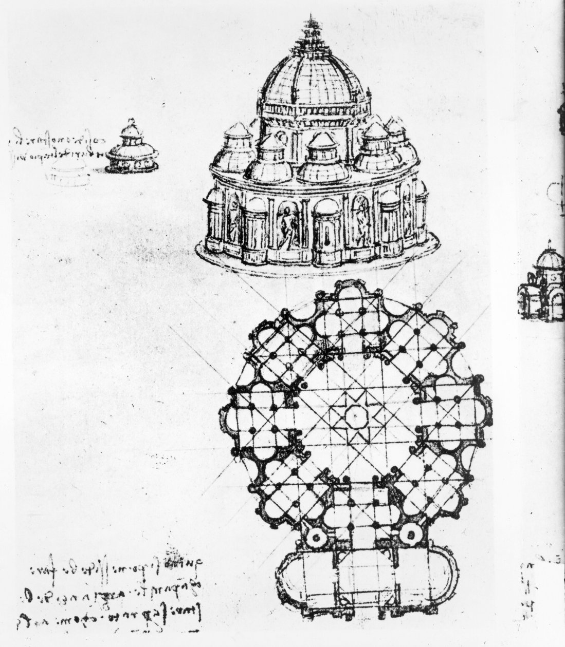 एक केंद्रीकृत चर्च का विस्तार, c.1488 कलम और स्याही और काले चाक पर धोना द्वारा लियोनार्डो दा विंची