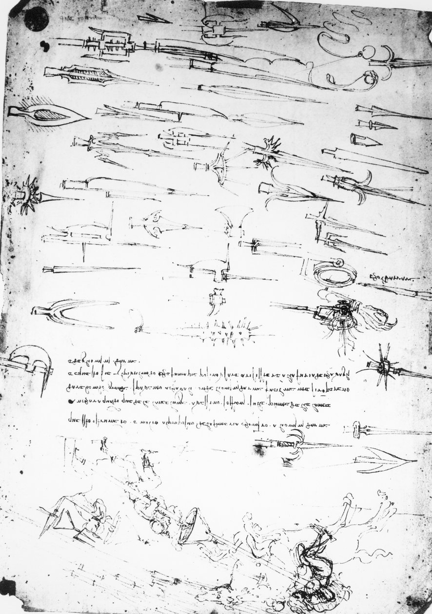 लड़ाई में पैदल सैनिकों और घुड़सवारों के अध्ययन की शीट, और 1485-1488, हॉलबर्ड्स द्वारा लियोनार्डो दा विंची