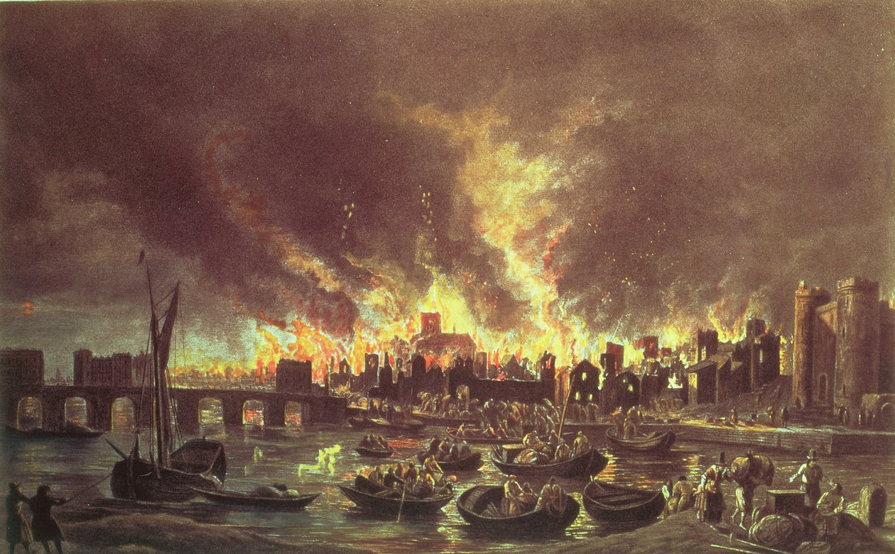 द ग्रेट फायर ऑफ़ लंदन, 1666 (प्रिंट) (53641 भी देखें) द्वारा लीवर वर्चुएयर
