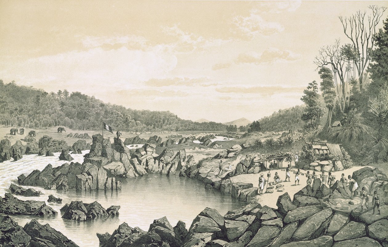 डौडार्ट डी लैगरी (1823-68), 1874 द्वारा &39;एटलस डू वोएज डी-एक्सप्लोरेशन डी इंडो-चाइन&39; से मेकांग नदी के तट पर फ्रांसीसी शिविर द्वारा लुई डेलापोर्टे