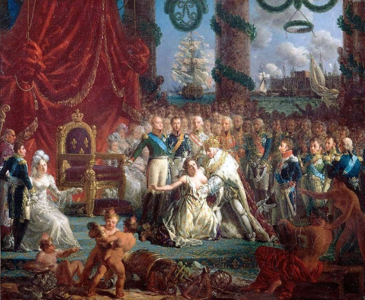 24 अप्रैल, 1814 को बॉर्बों की वापसी का रूपक: लुइस XVIII फ्रांस को उसके खंडहरों से छुटकारा दिलाता है। द्वारा लुई फिलिप क्रेपिन