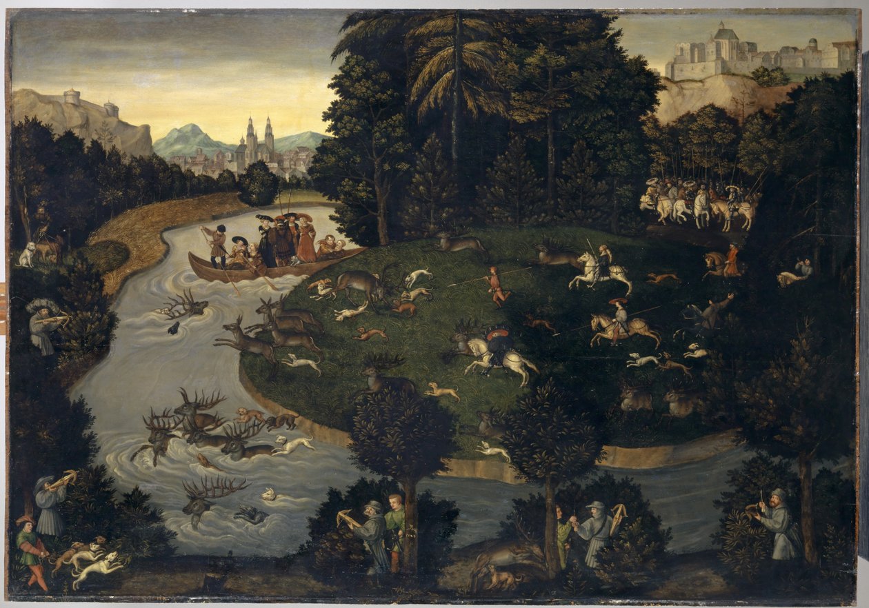 सम्राट मैक्सिमिलियन I के साथ फ्रेडरिक द वाइज़ का हिरण हंट, c.1600 द्वारा लुकास क्रैंक द एल्डर