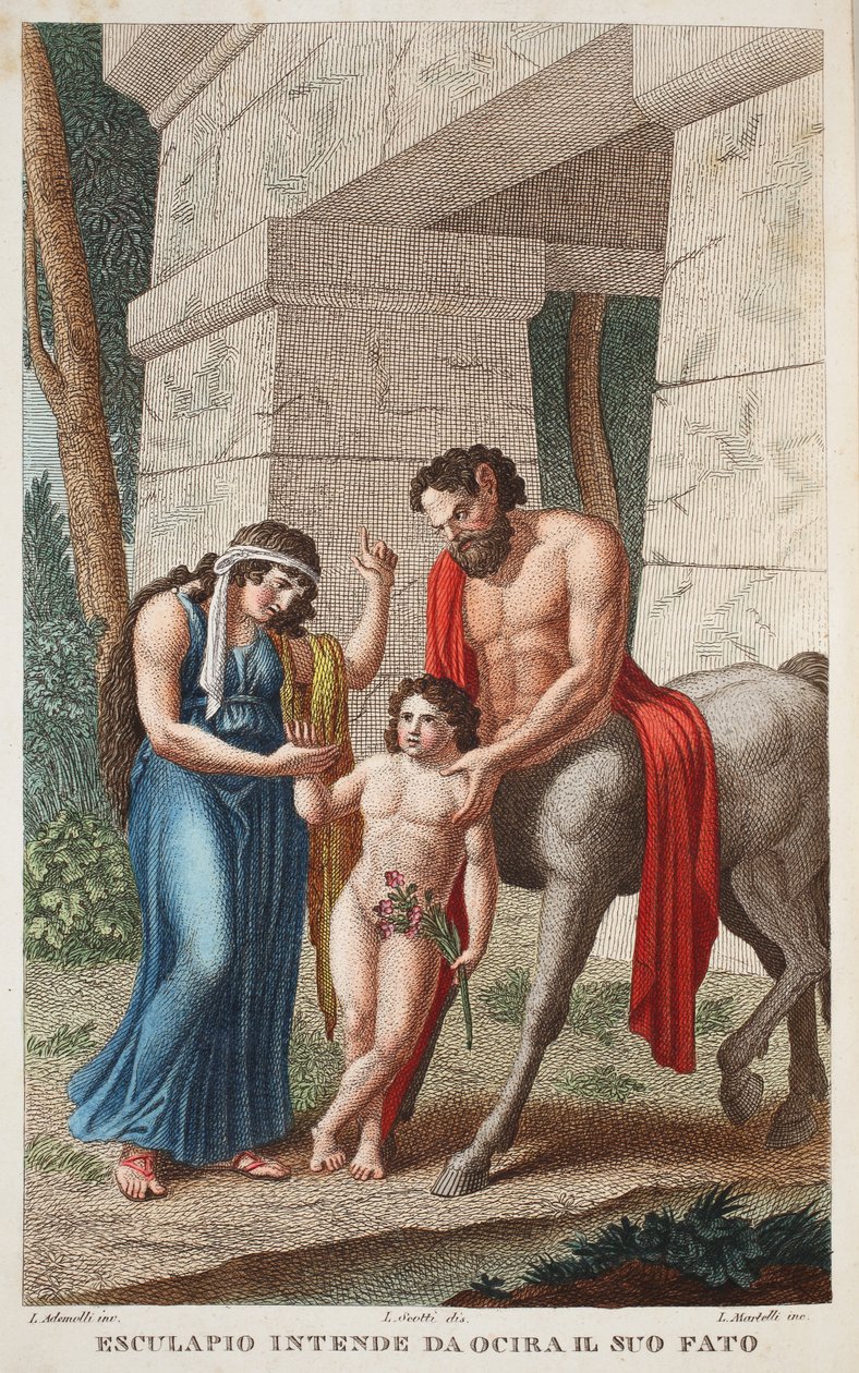 Ocyrrhoe a Mare या Esculapio intende da Ocira il Suo Fato में, ओविड की मेटामोर्फोसॉर्स, फ्लोरेंस, 1832 से चित्रण (हाथ से उकेरा गया चित्र) द्वारा लुइगी एडेमोलो