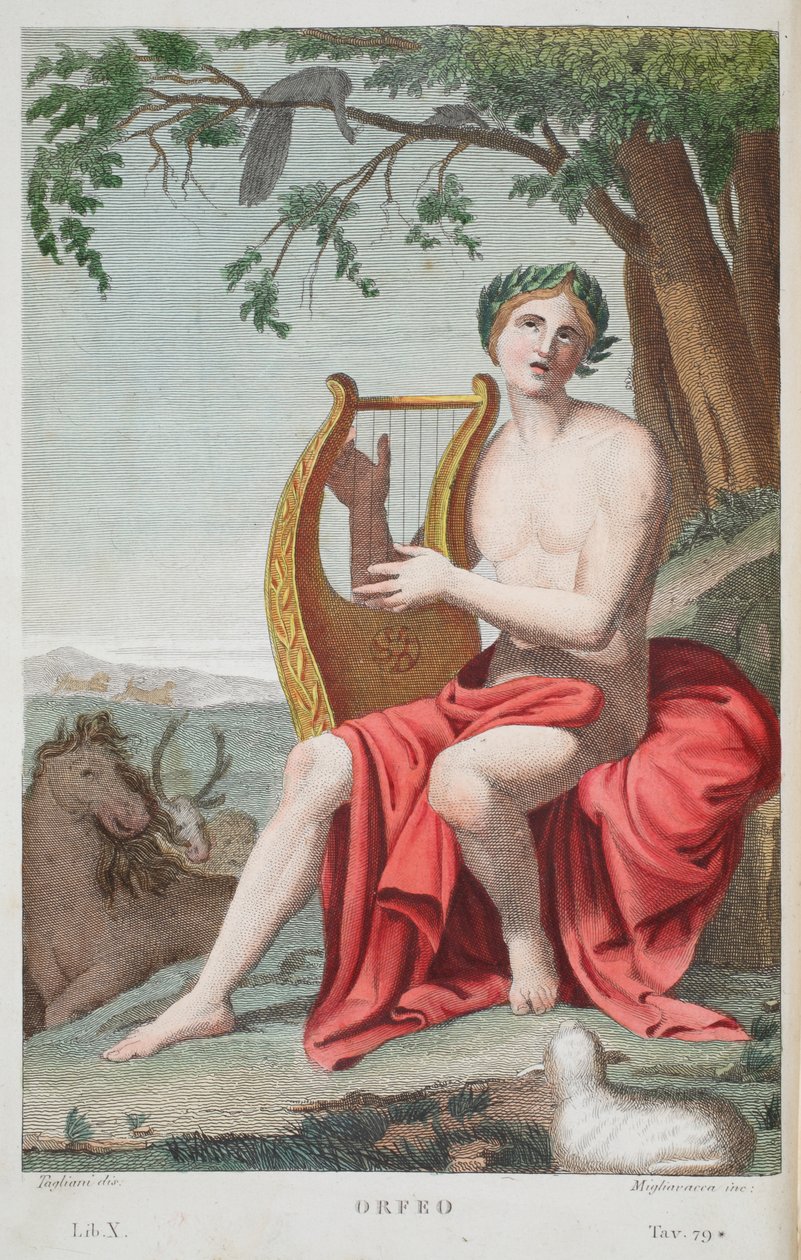 ऑर्फ़ियस या ओर्फ़ियो, ओविड की मेटामोर्फोसॉज़, फ्लोरेंस, 1832 (हाथ से रंग के कपड़े) से चित्रण द्वारा लुइगी एडेमोलो