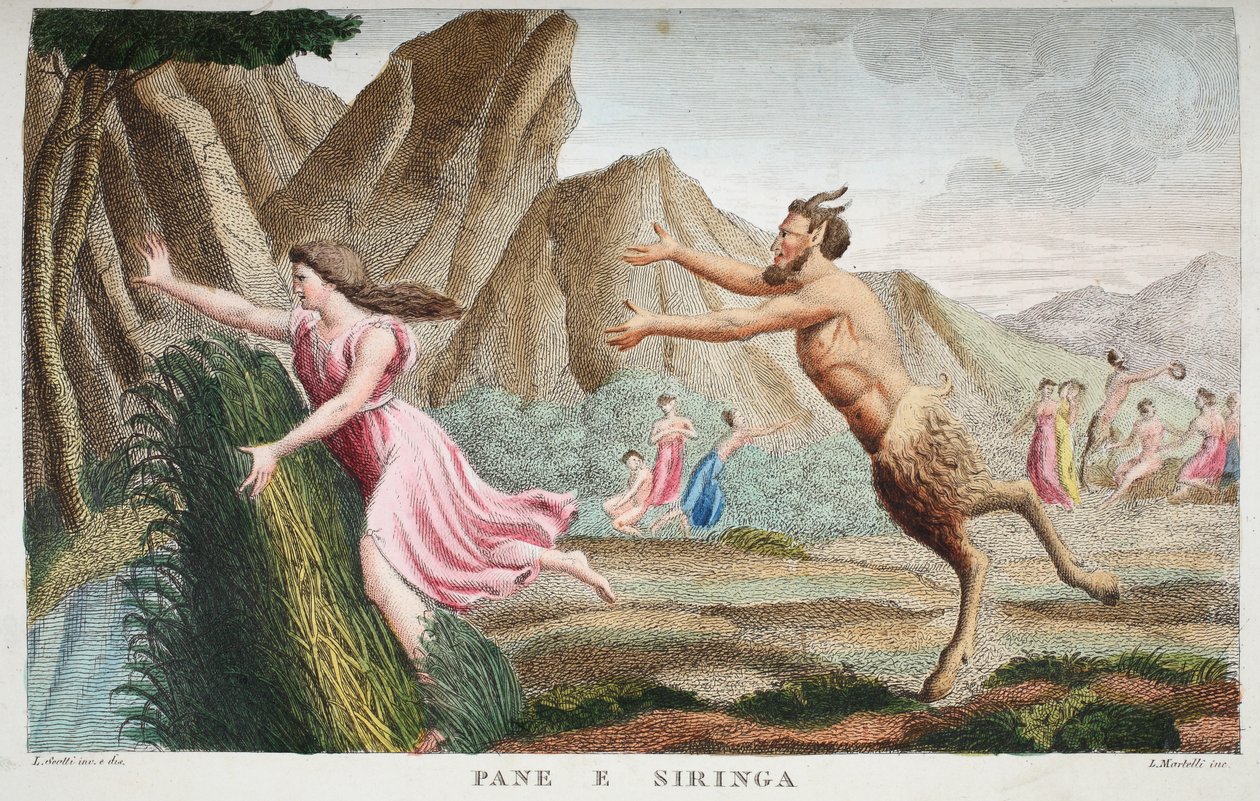 सीरिंक्स इन द रीड या पेन ई सोरिंगा, बुक I, ओविद मेटामोर्फोसॉर्स, फ्लोरेंस, 1832 (हाथ से रंगा हुआ उत्कीर्णन) द्वारा लुइगी एडेमोलो