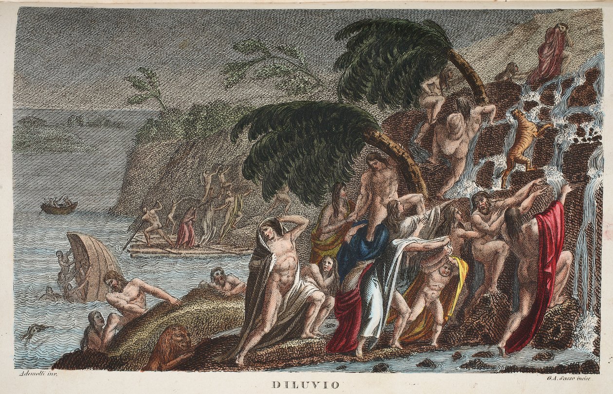 द फ्लड या दिलुवियो, बुक I, ओवीड का मेटामोर्फोस, फ्लोरेंस, 1832 (हाथ से रंगा हुआ उत्कीर्णन) से चित्रण द्वारा लुइगी एडेमोलो
