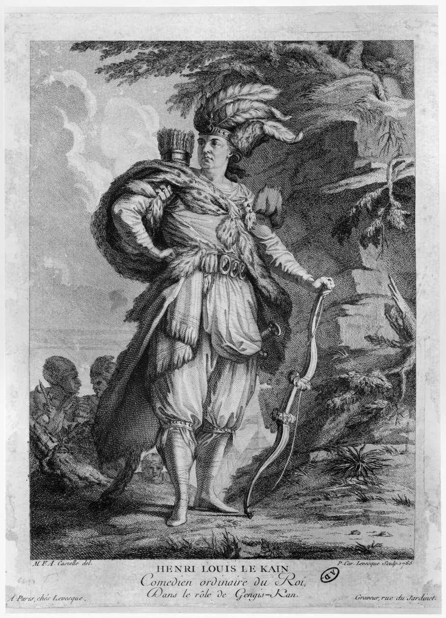 वोल्टेयर (1694-1778) 1765 में &39;द ऑर्फन ऑफ चाइना&39; में चंगेज खान के रूप में अभिनेता लीकेन द्वारा एमएफए कैस्टेल
