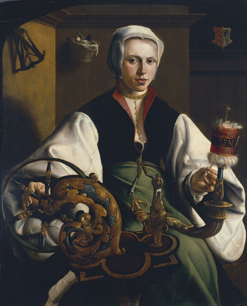 एक लेडी कताई का चित्रण द्वारा Maarten van Heemskerck