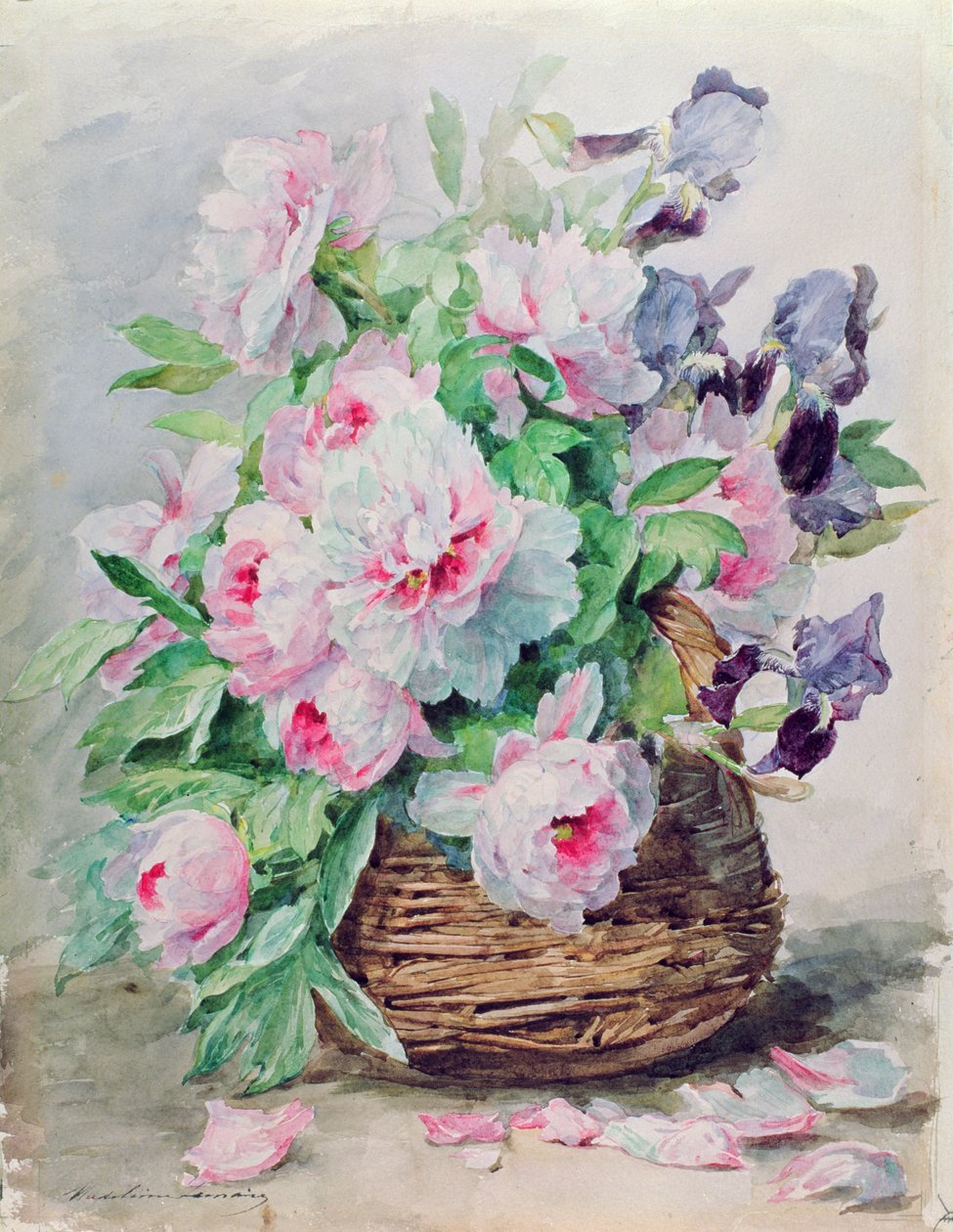 Irises और Peonies in a टोकरी (wc और gouache कागज पर) द्वारा मेडेलीन लेमाइर