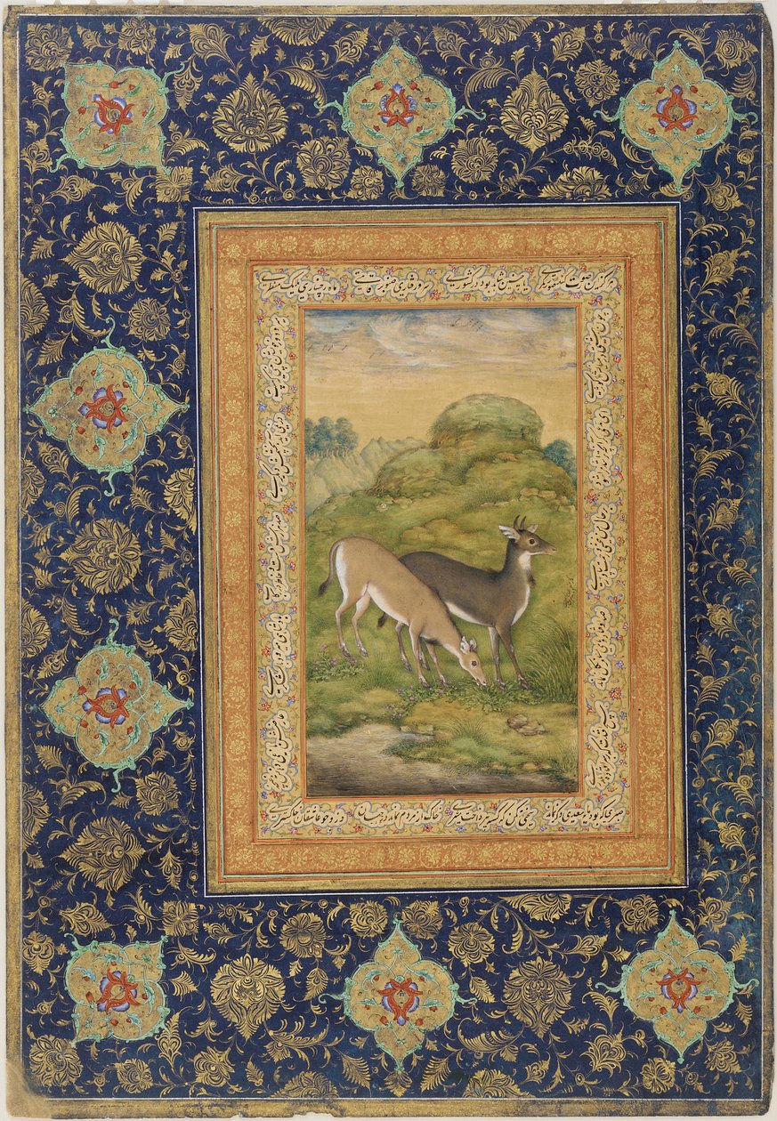 एक परिदृश्य में दो हिरण, स्कूल ऑफ़ ज़हन्दिर (कागज पर सोने का रंग) द्वारा मंसूर