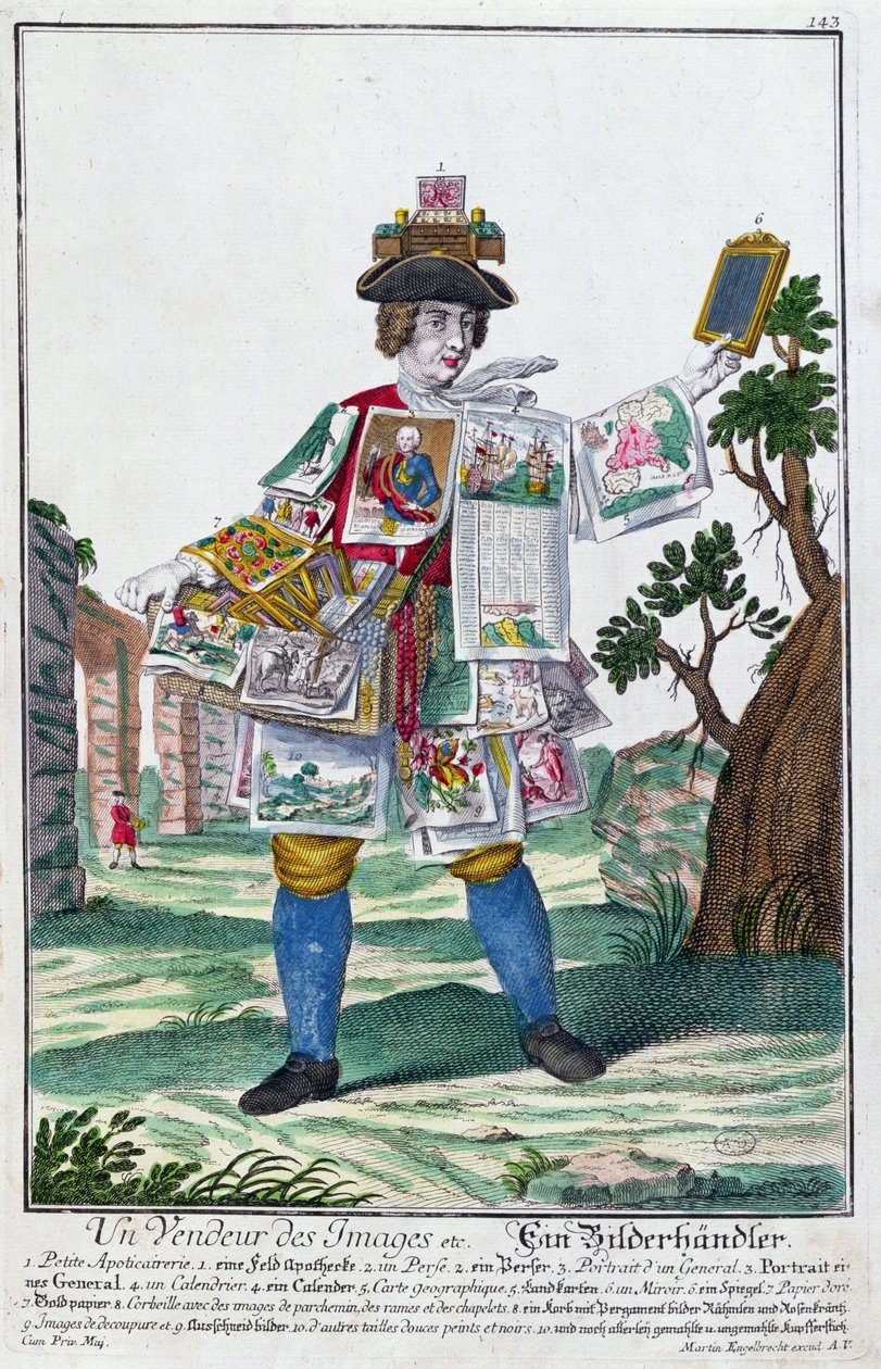चित्र विक्रेता, c.1735 (रंग उत्कीर्णन) द्वारा मार्टिन एंजेलब्रेट