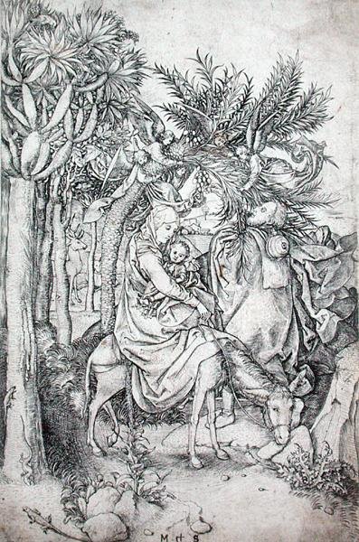 मिस्र में उड़ान, c.1470-80 (उत्कीर्णन) द्वारा मार्टिन शॉन्गॉउर