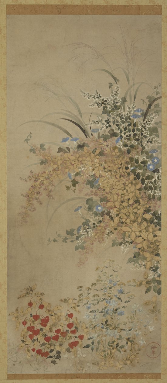 फूल और घास, हैंगिंग स्क्रॉल (पैनल पर घुड़सवार), 1600-30 (स्याही और कागज पर रंग) द्वारा एक सील के मास्टर