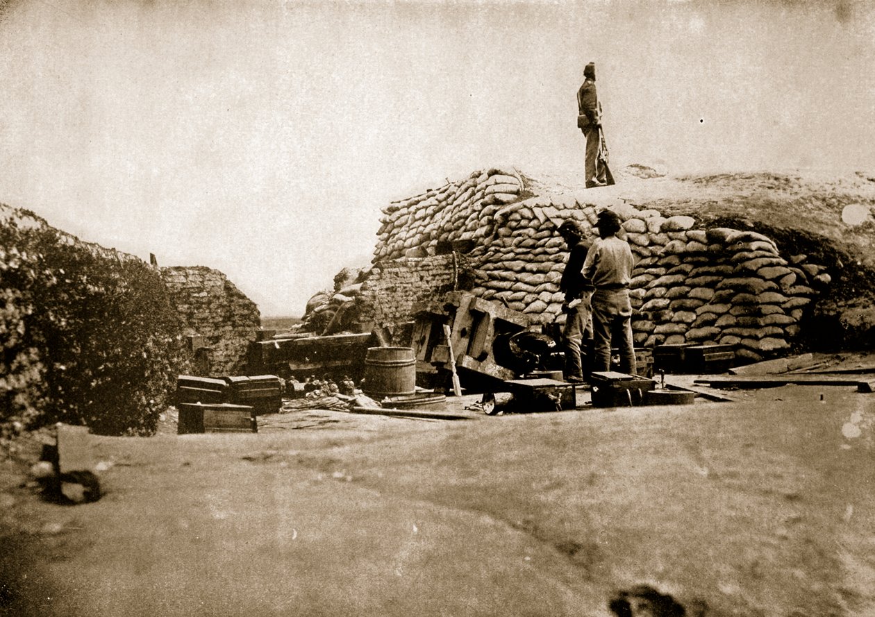 सैंड बैग डिफेंस और बर्डस्टेड गन, 1861-65 द्वारा मैथ्यू बी ब्रैडी