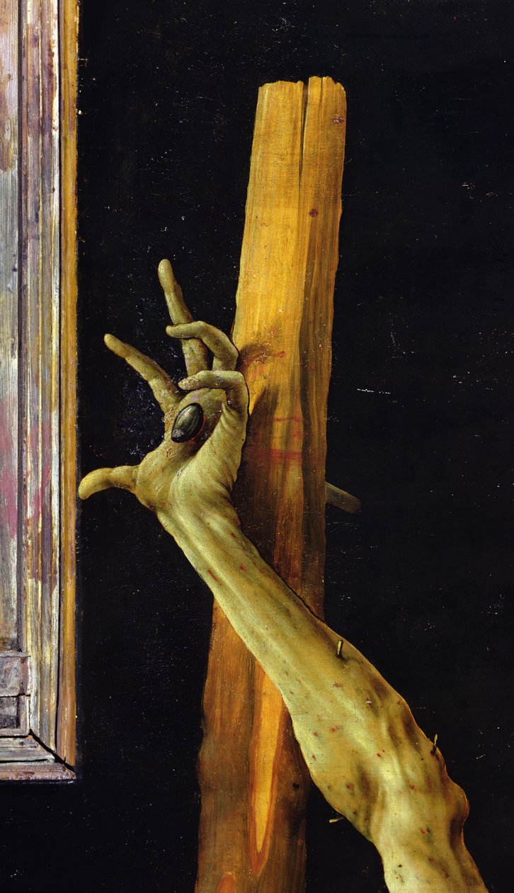 Isenheim Altarpiece, मसीह के बाएँ हाथ का विस्तार, पैनल पर c.1512-16 तेल द्वारा मथायस ग्रुनेवाल्ड