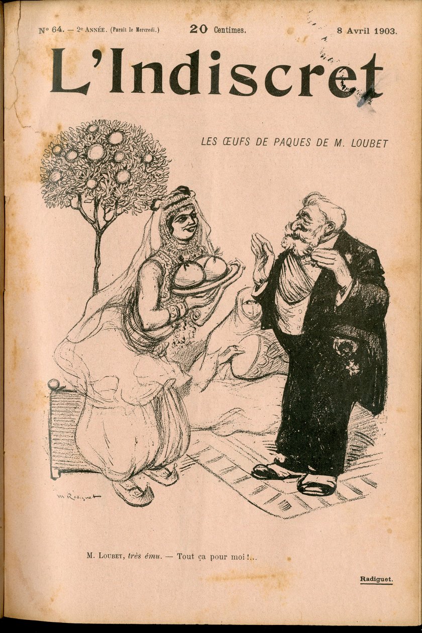 "L'Indiscret" का कवर, B & W . में व्यंग्य द्वारा मौरिस रेडिगेट