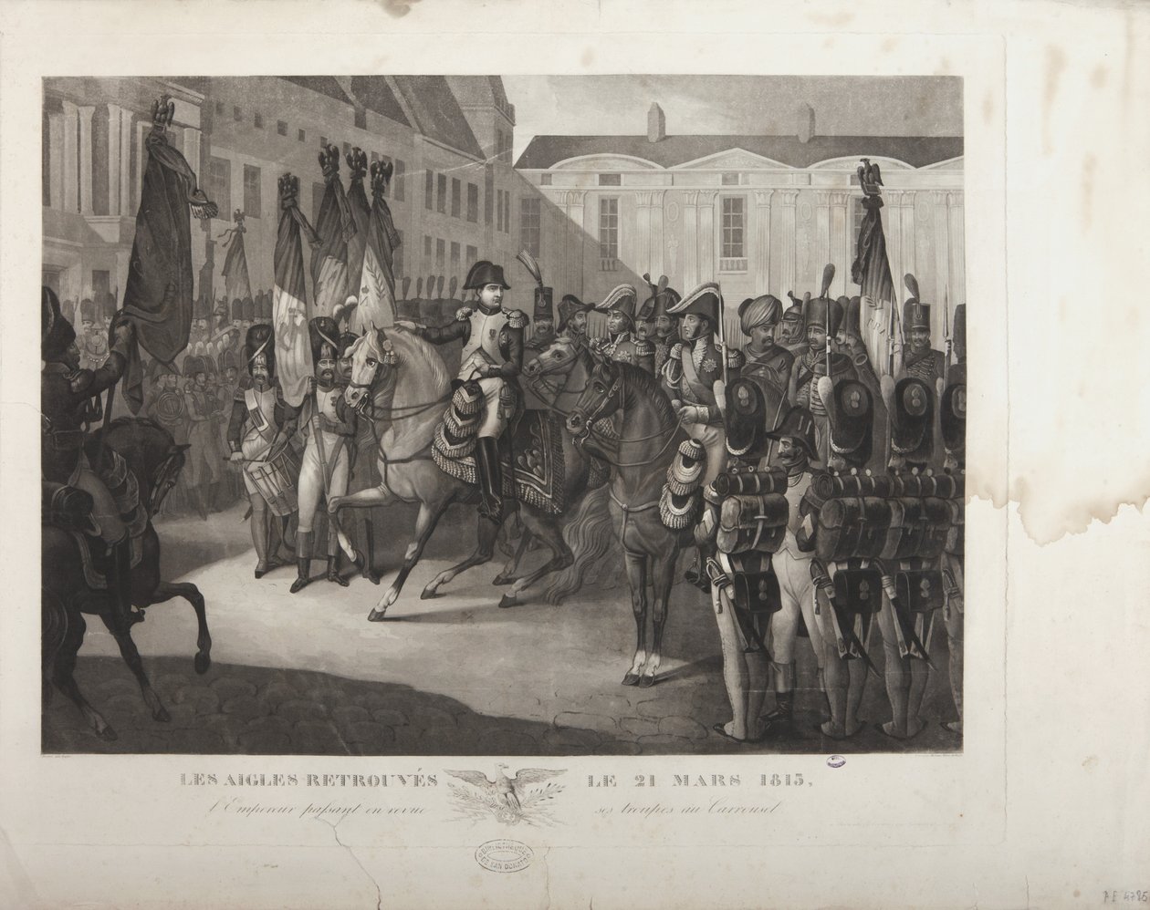 सम्राट ने 21 मार्च 1815 को कैरोसेल में अपने सैनिकों की समीक्षा करते हुए मोरो को उकेरा द्वारा मैक्सिमिलीन पियरे केफेर