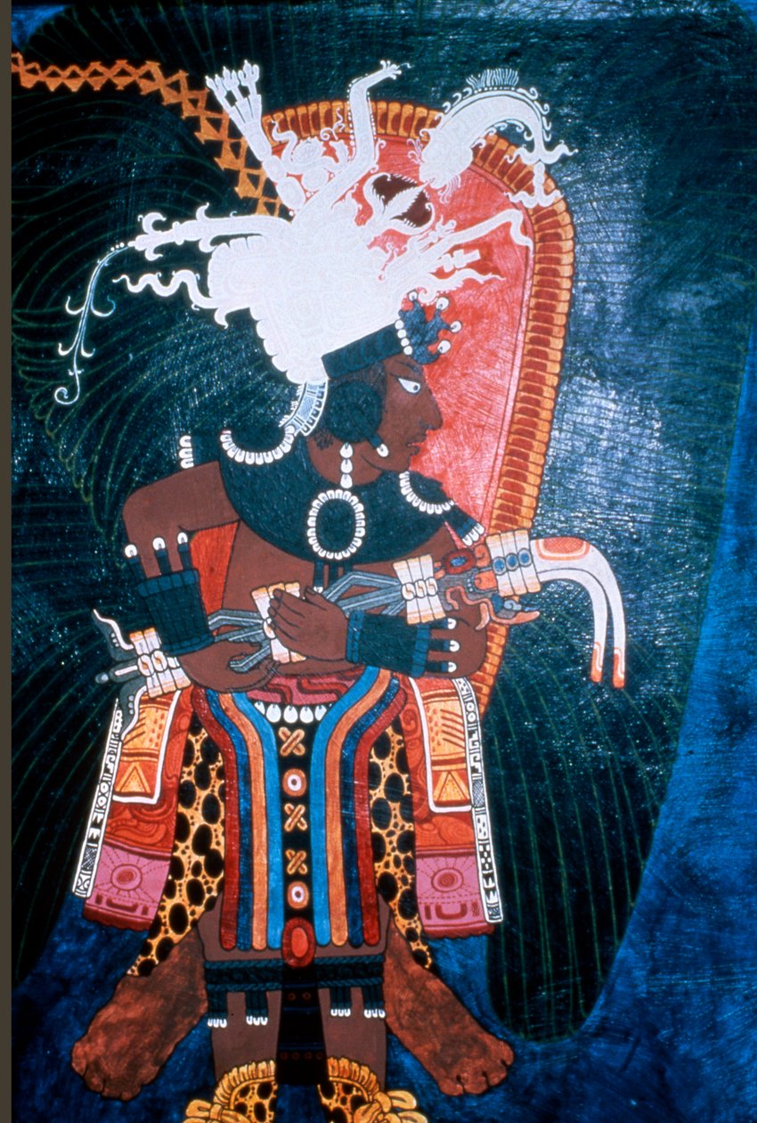 मुरल के मंदिर, बोनम्पैक (दीवार पेंटिंग) से एक शासक को एक समारोह के लिए तैयार एक भित्ति चित्र दिखाते हुए प्रजनन द्वारा माया