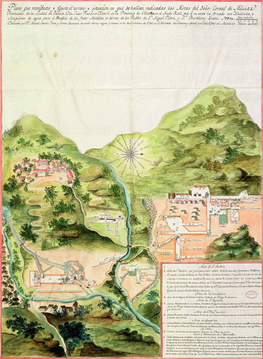 ओक्साका, मैक्सिको की खान की योजना, 1785-87 (कागज पर पेन und स्याही और wc) द्वारा मैक्सिकन स्कूल
