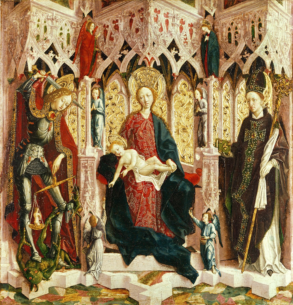 द वर्जिन एंड चाइल्ड एंब्रोइडेड, c.1475 (सिल्वर फ़िर तेल पर) द्वारा माइकल पाचर