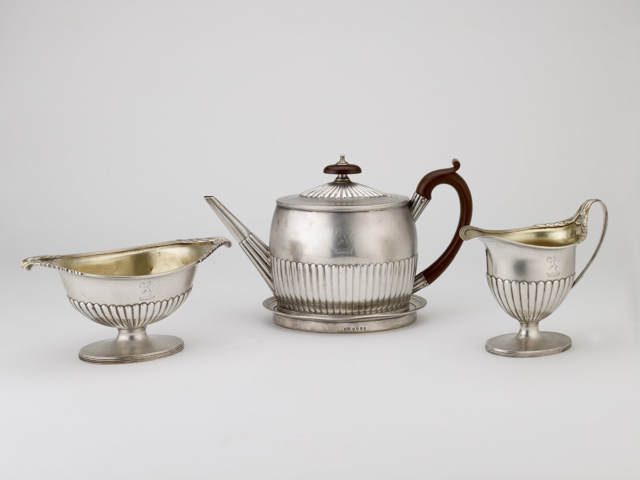 चायदानी और स्टैंड, क्रीम गुड़, चीनी का कटोरा, 1794-1795 (चांदी) द्वारा माइकल और स्कोफील्ड, जॉन प्लमर
