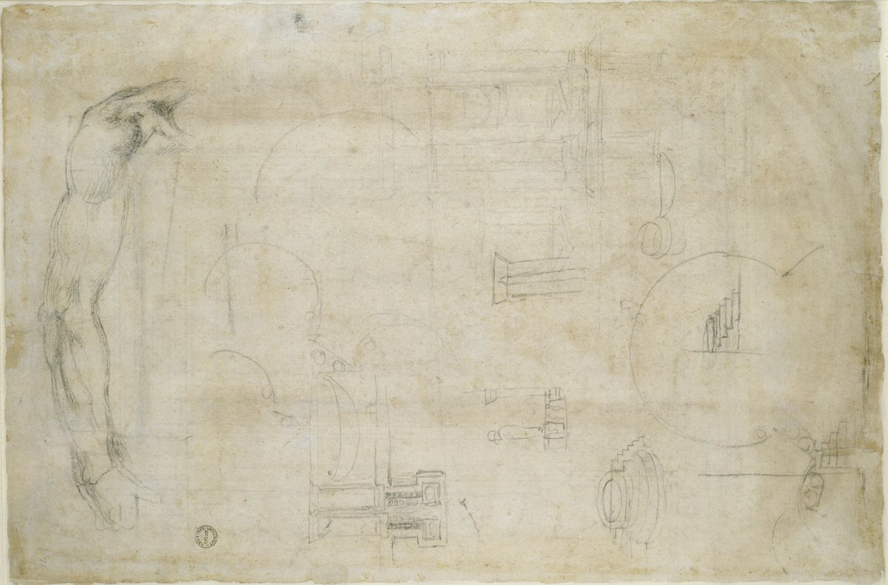 वास्तु अध्ययन और ए मैन आर्म, c.1538-50 (कागज पर काला चाक) द्वारा माइकल एंजेलो बुओनारोती