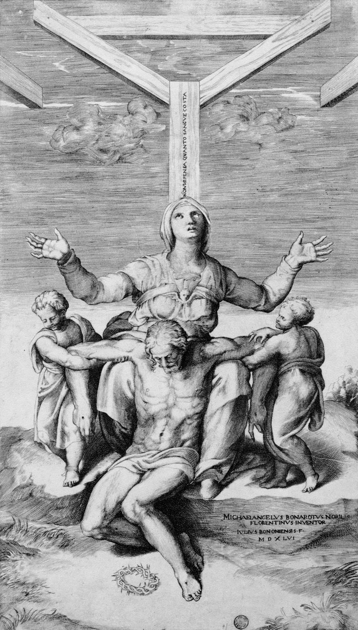 Pieta, engraved by Giulio Bonasone, 1556  द्वारा माइकल एंजेलो बुओनारोती