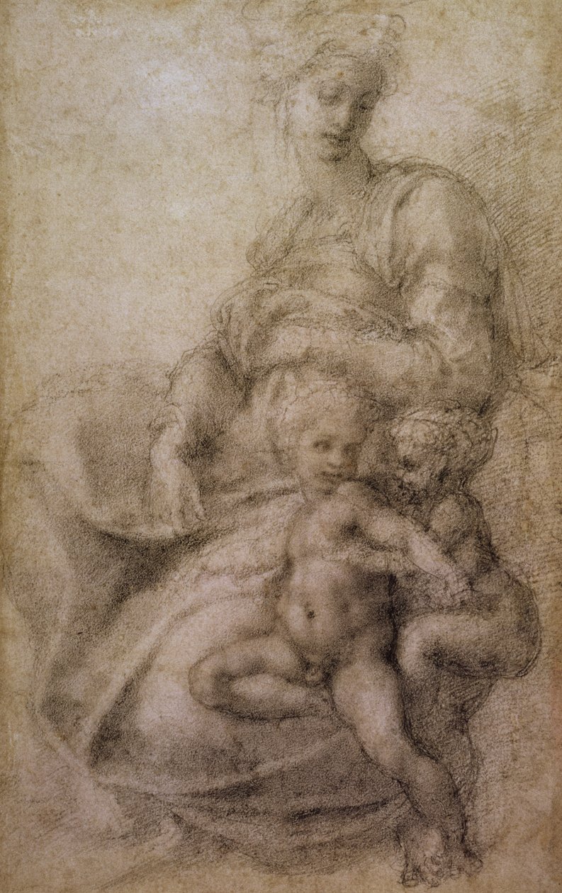वर्जिन बैपटिस्ट के साथ वर्जिन और बाल, c.1530 (कागज पर काला चाक) द्वारा माइकल एंजेलो बुओनारोती