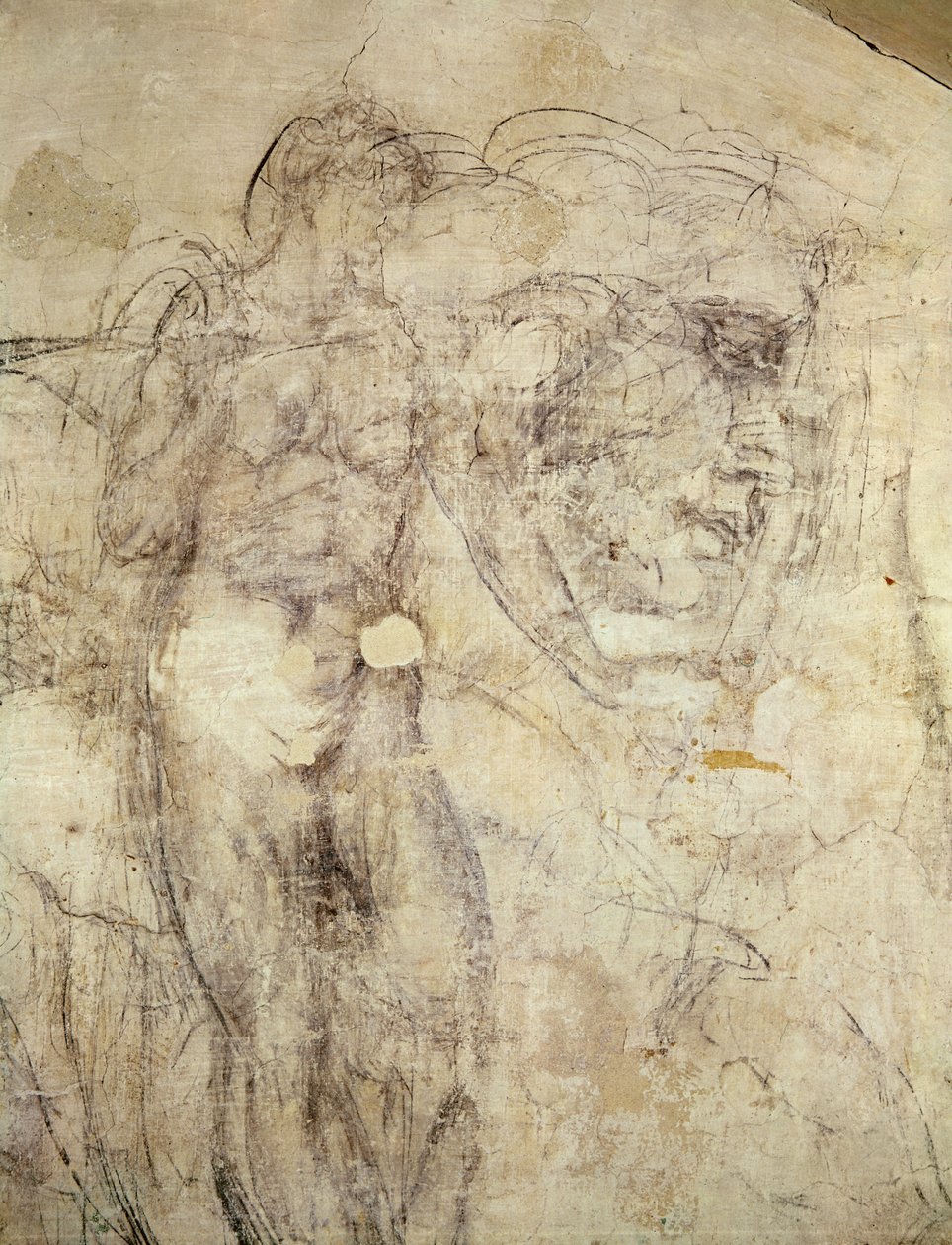 एक महिला आकृति और एक सिर की दीवार ड्राइंग, c.1530 (प्लास्टर पर लकड़ी का कोयला) द्वारा माइकल एंजेलो बुओनारोती