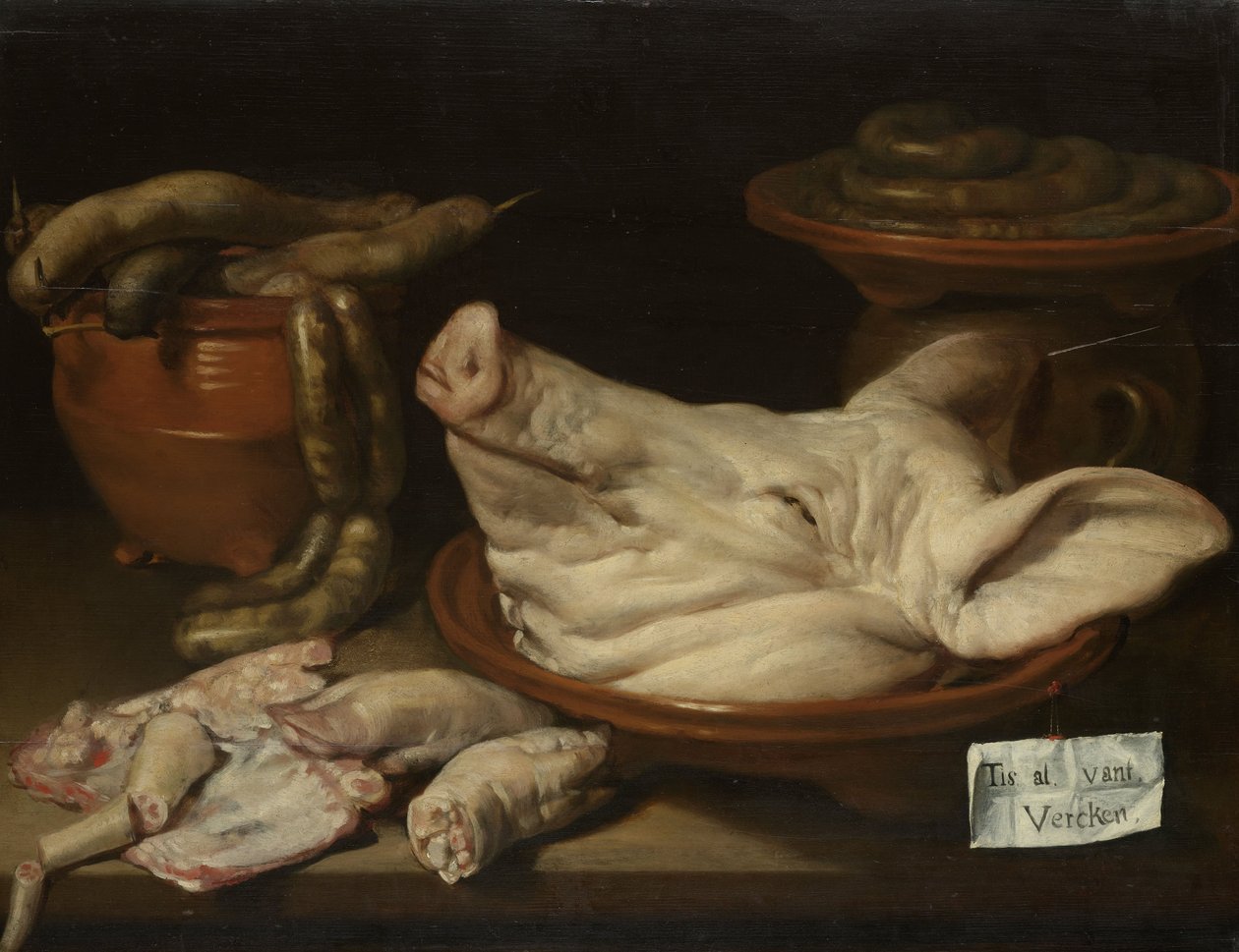 पिग के हेड, पिग के पोर और सॉसेज, c.1650 के साथ स्टिल लाइफ द्वारा मोनोग्रामस जेवीआर