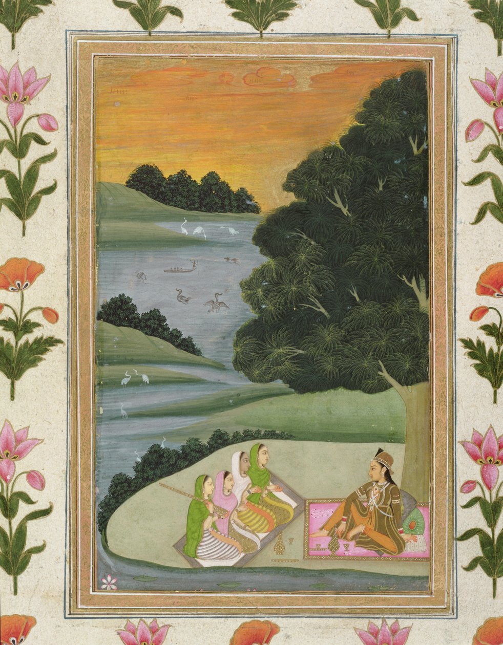 स्मॉल क्लाइव एल्बम (कागज पर अपारदर्शी wc) से एक राजकुमारी सूर्यास्त में नदी के किनारे महिला संगीतकारों को सुनती है द्वारा मुगल स्कूल