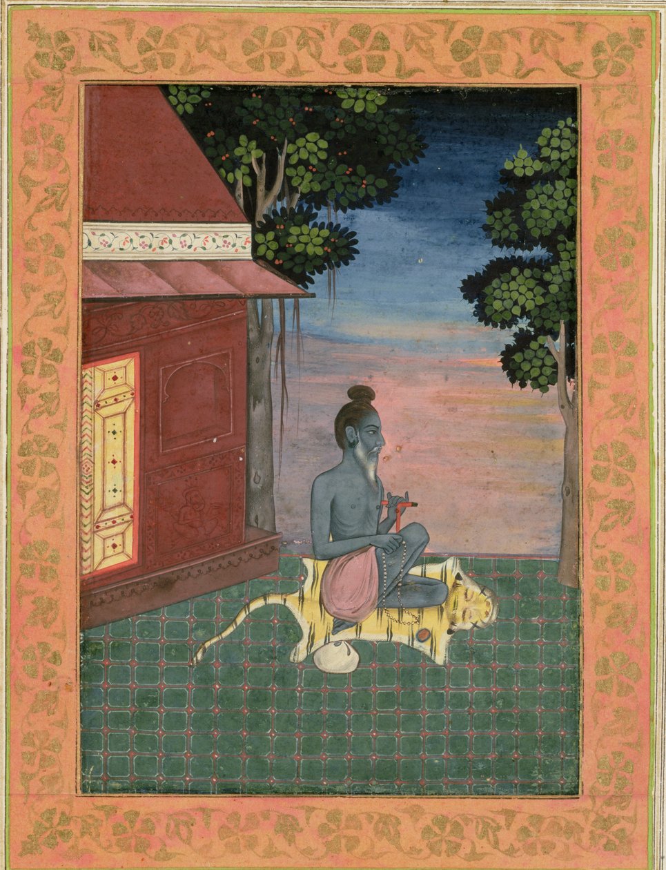 वृद्ध क्लाइव एल्बम, c.1670 से एक इमारत के बाहर एक बाघ की खाल पर बैठे वृद्ध तपस्वी द्वारा मुगल स्कूल