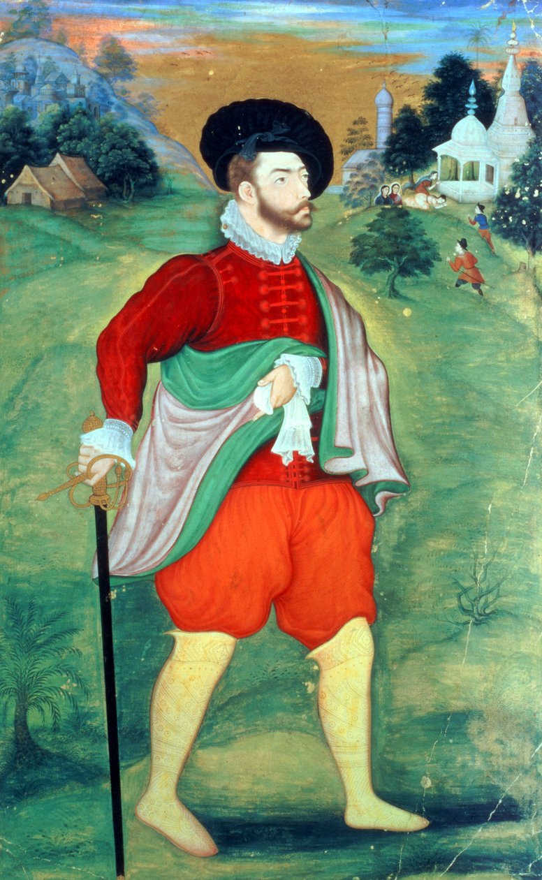 भारत में एक यूरोपीय, c.1556-1605 (अपारदर्शी जल रंग और कागज पर सोना) द्वारा मुगल स्कूल