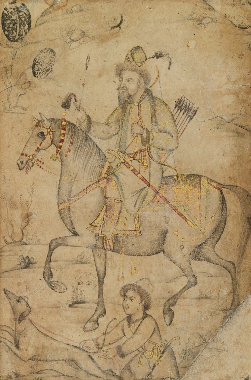हंटर ऑन अ हॉर्स, c.1600 (कागज पर स्याही और wc) द्वारा मुगल स्कूल