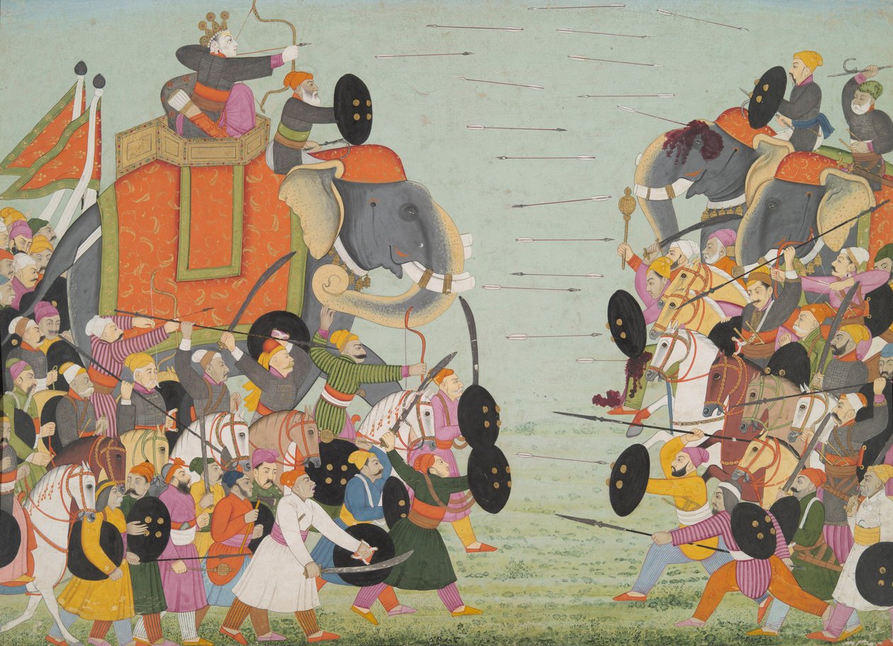 एक भागवत पुराण श्रृंखला, पुस्तक 10, बलराम और जरासंध के बीच युद्ध, 1760-65 (कागज पर सोना और सोना) से चित्रण द्वारा मुगल स्कूल