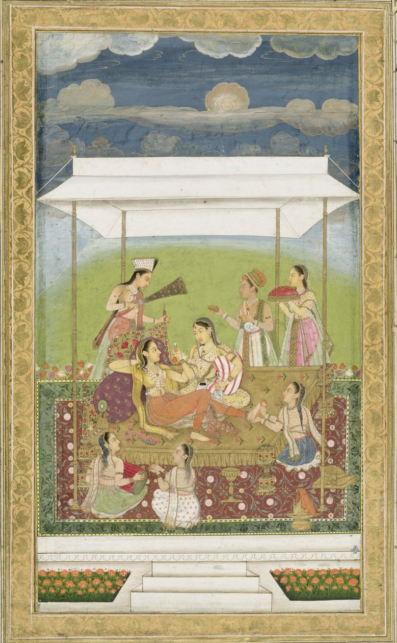 छोटे क्लाइव एल्बम (कागज पर अपारदर्शी wc) से एक बगीचे में संगीत सुनने वाली महिलाएं द्वारा मुगल स्कूल