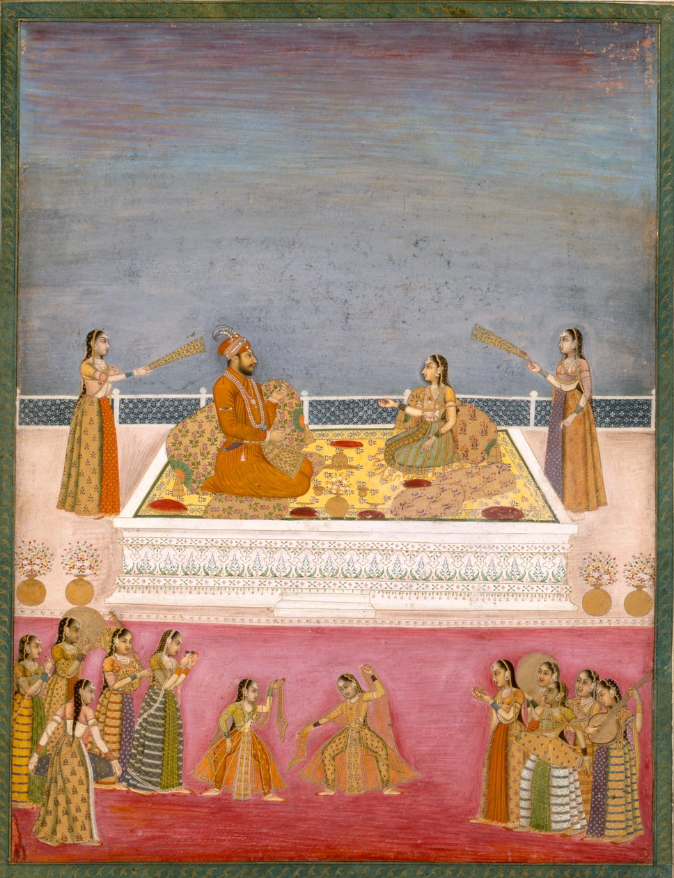 नच प्रदर्शन (1719-48) में युवा मुगल सम्राट मुहम्मद शाह, c.1725 (कागज पर अपारदर्शी wc) द्वारा मुगल स्कूल