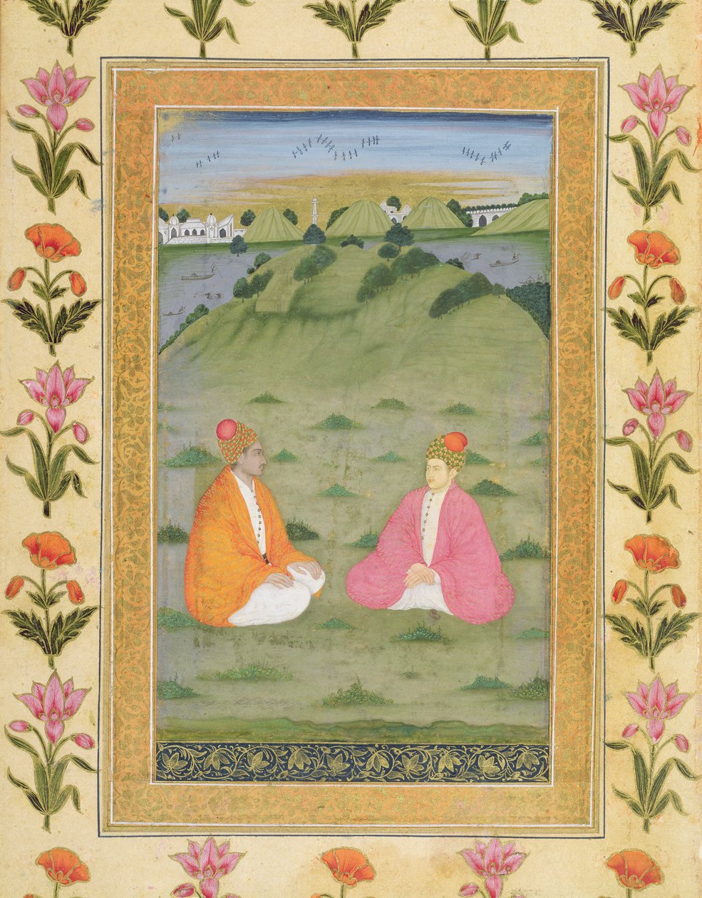स्मॉल क्लाइव एल्बम (कागज पर अपारदर्शी wc) से एक परिदृश्य में दो रईसों को बैठाया गया द्वारा मुगल स्कूल