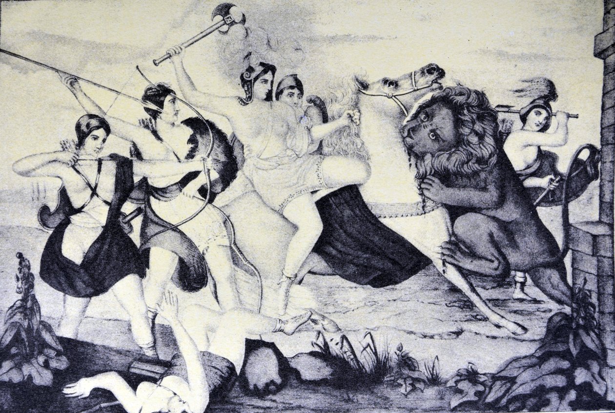 करियर और इव्स इलस्ट्रेशन 19 वीं सदी। एक शेर द्वारा हमला किया गया द्वारा एन। और इव्स, जेएम क्यूरियर