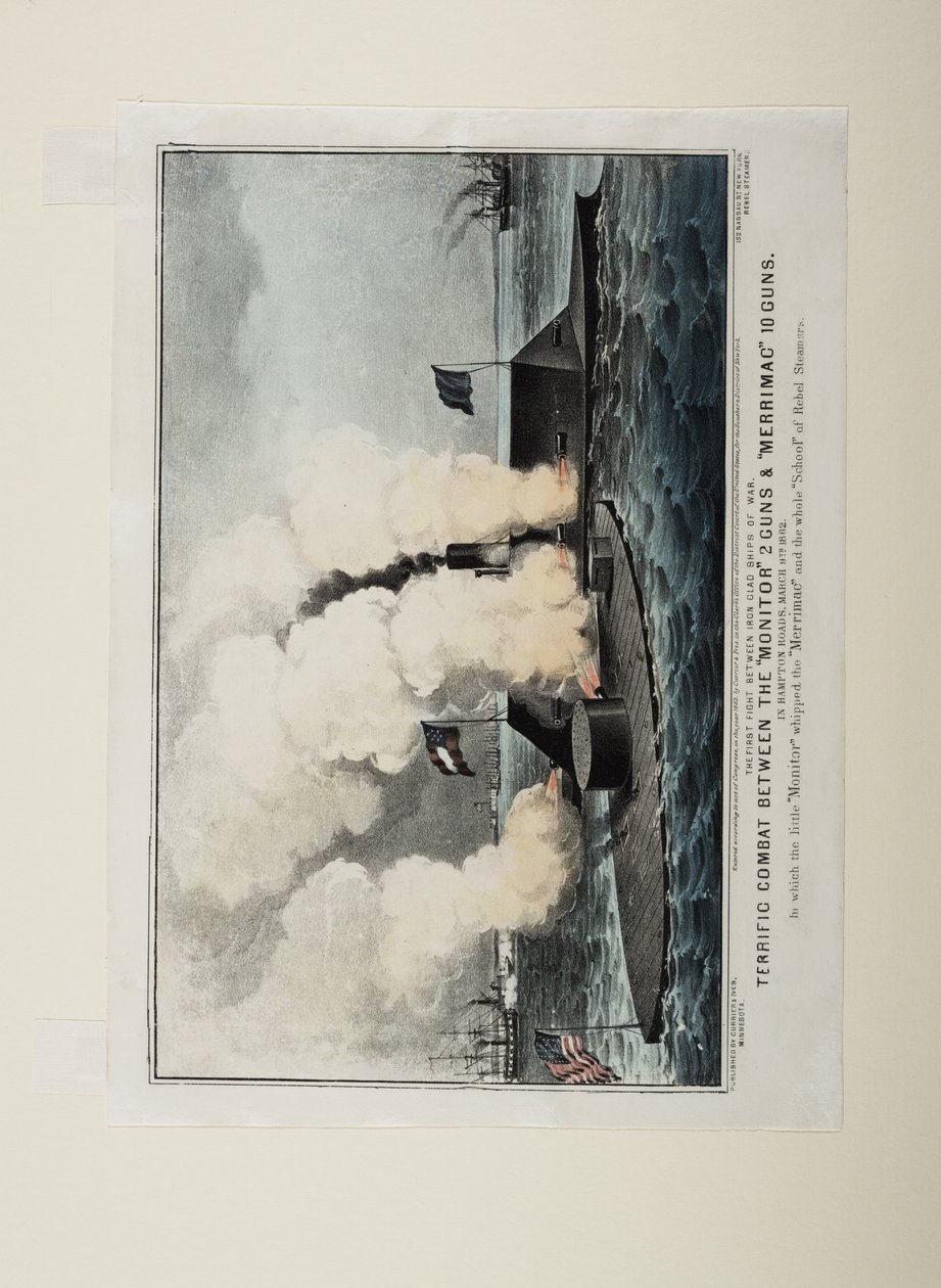मॉनिटर दो बंदूकों और मेरिमैक दस बंदूकों के बीच भयानक मुकाबला, c.1862 द्वारा एन। और इव्स, जेएम क्यूरियर