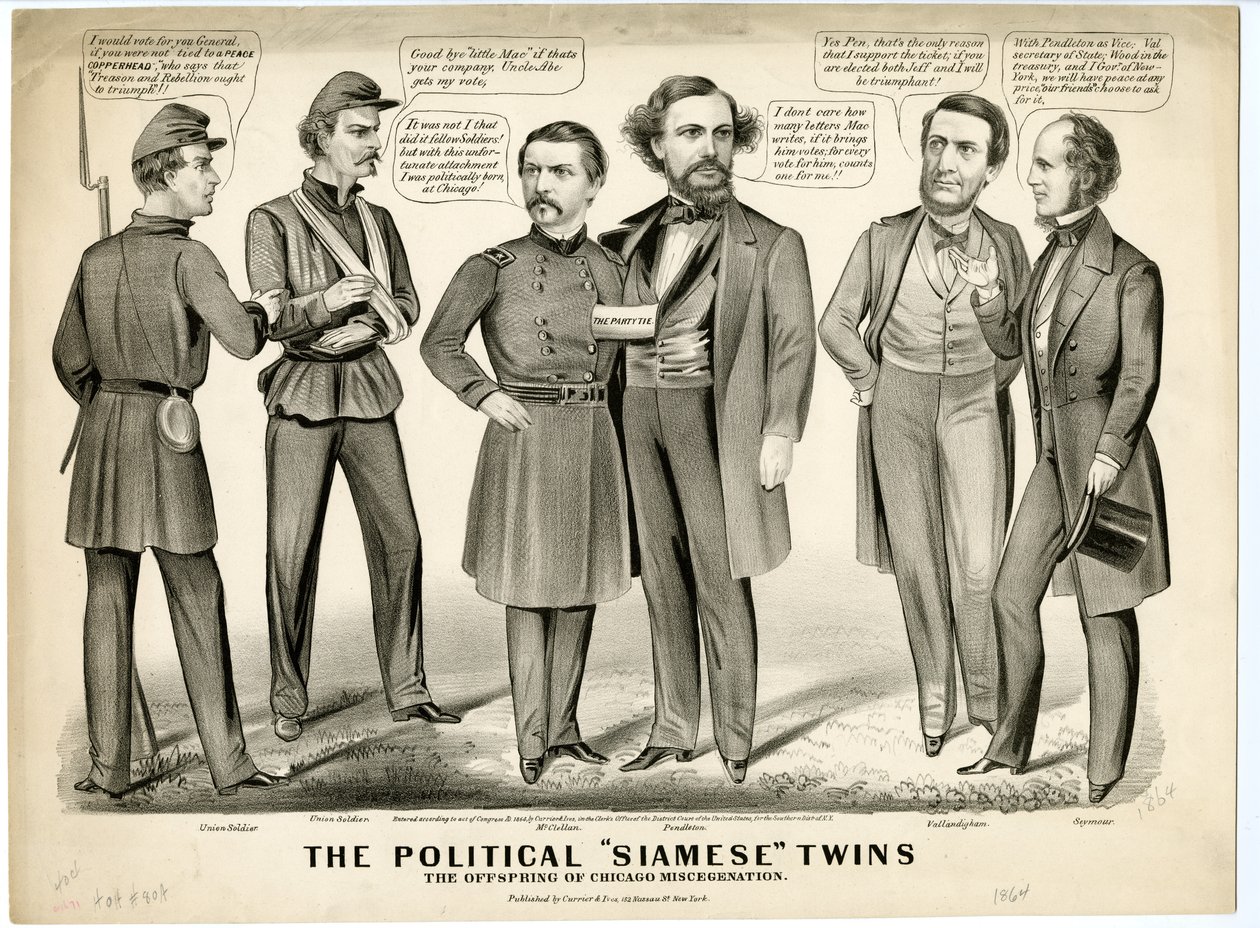 पॉलिटिकल सियामी ट्विन्स, द ऑफस्प्रिंग ऑफ़ शिकागो मिससेजन, 1864 द्वारा एन। और इव्स, जेएम क्यूरियर