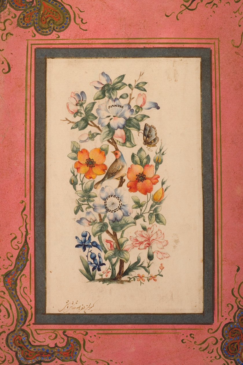 एक पक्षी और एक तितली के साथ फूलों का एक डंठल (कागज पर अपारदर्शी wc) द्वारा नसर अल्लाह अल हुसैनी अल इमामी