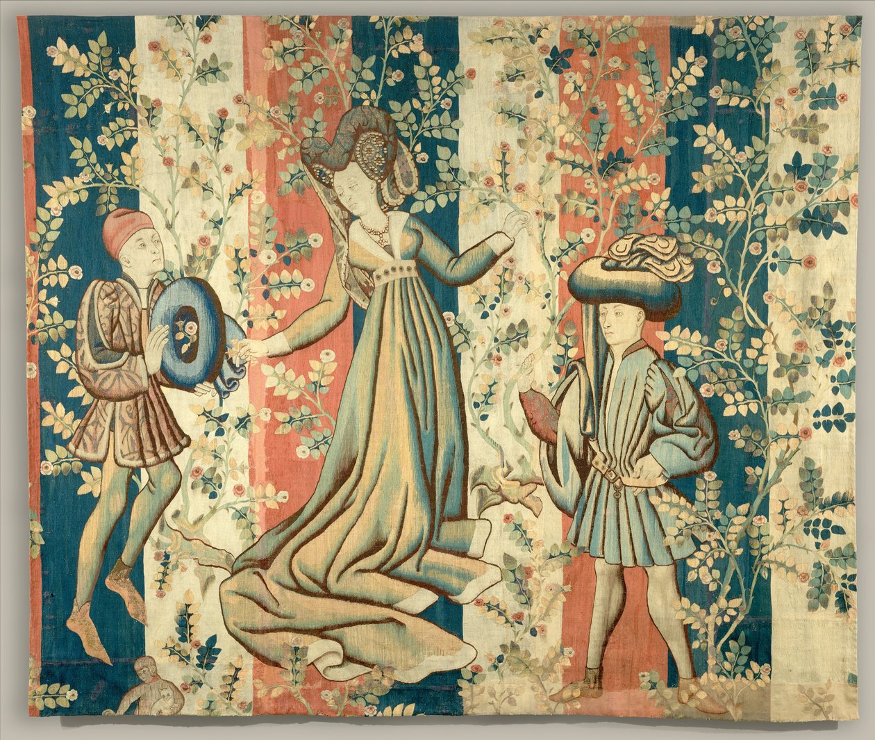 रोज गार्डन में कोर्टर्स: ए लेडी एंड टू जेंटलमैन, c.1440-50 द्वारा नीदरलैंड के स्कूल