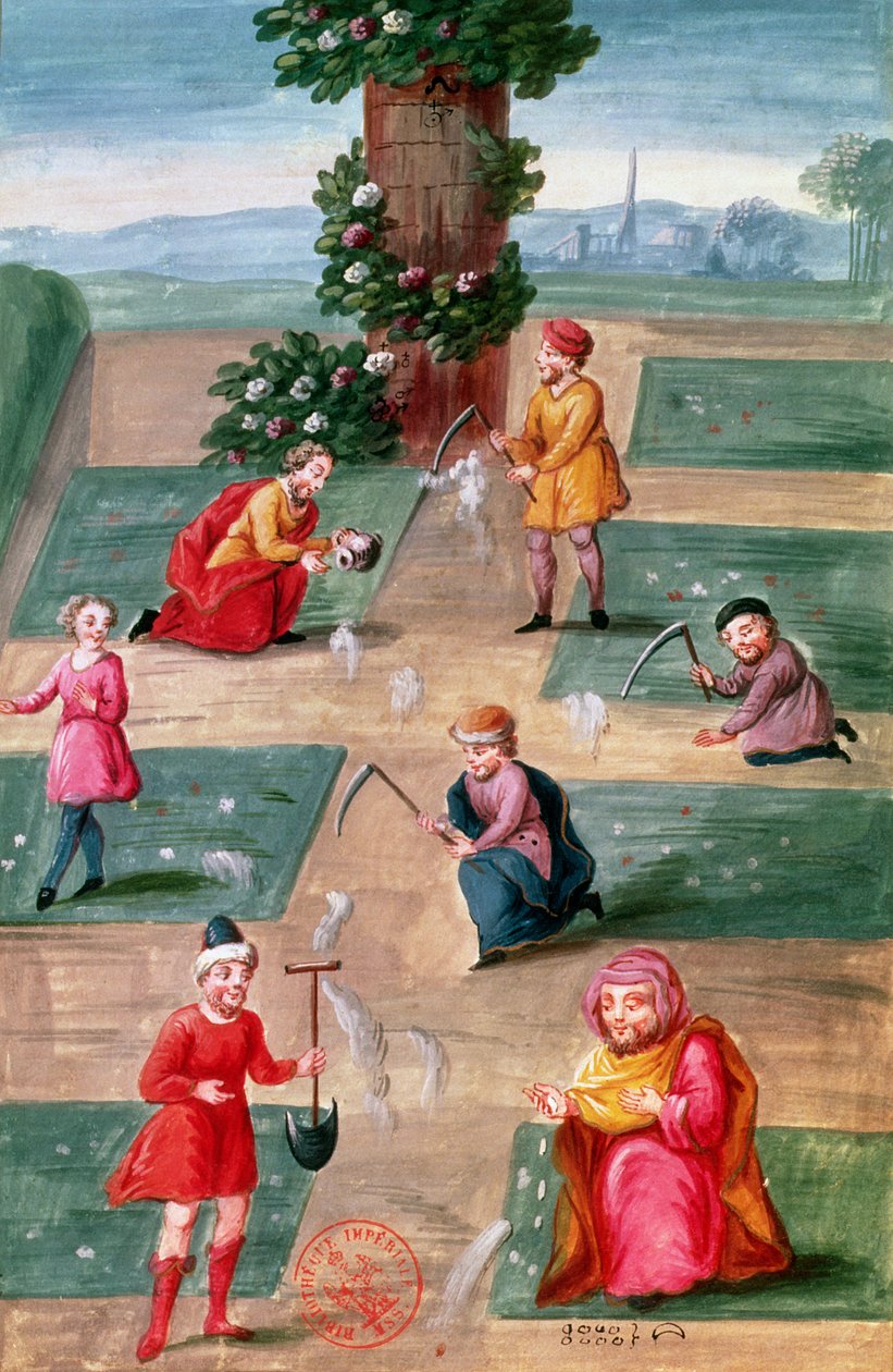 एमएस फ्र। 14765 f.42-43 फ्रेंच अल्केमिस्ट्स जो सोने की मांग करते हैं, निकोलस फ्लमेल द्वारा लिखित (सी। 13.3-14-14) द्वारा निकोलस फ़्लामेल