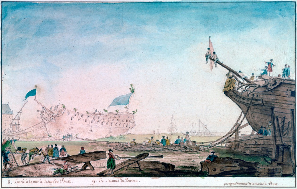 ब्रेस्ट पर एक जहाज का शुभारंभ, c1750-1810 द्वारा निकोलस मैरी ओज़ने