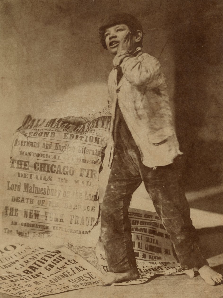 1871, 1871 की शिकागो फायर की खबर को रोते हुए एक समाचार पत्र की तस्वीर द्वारा ऑस्कर गुस्ताव रिवलैंडर